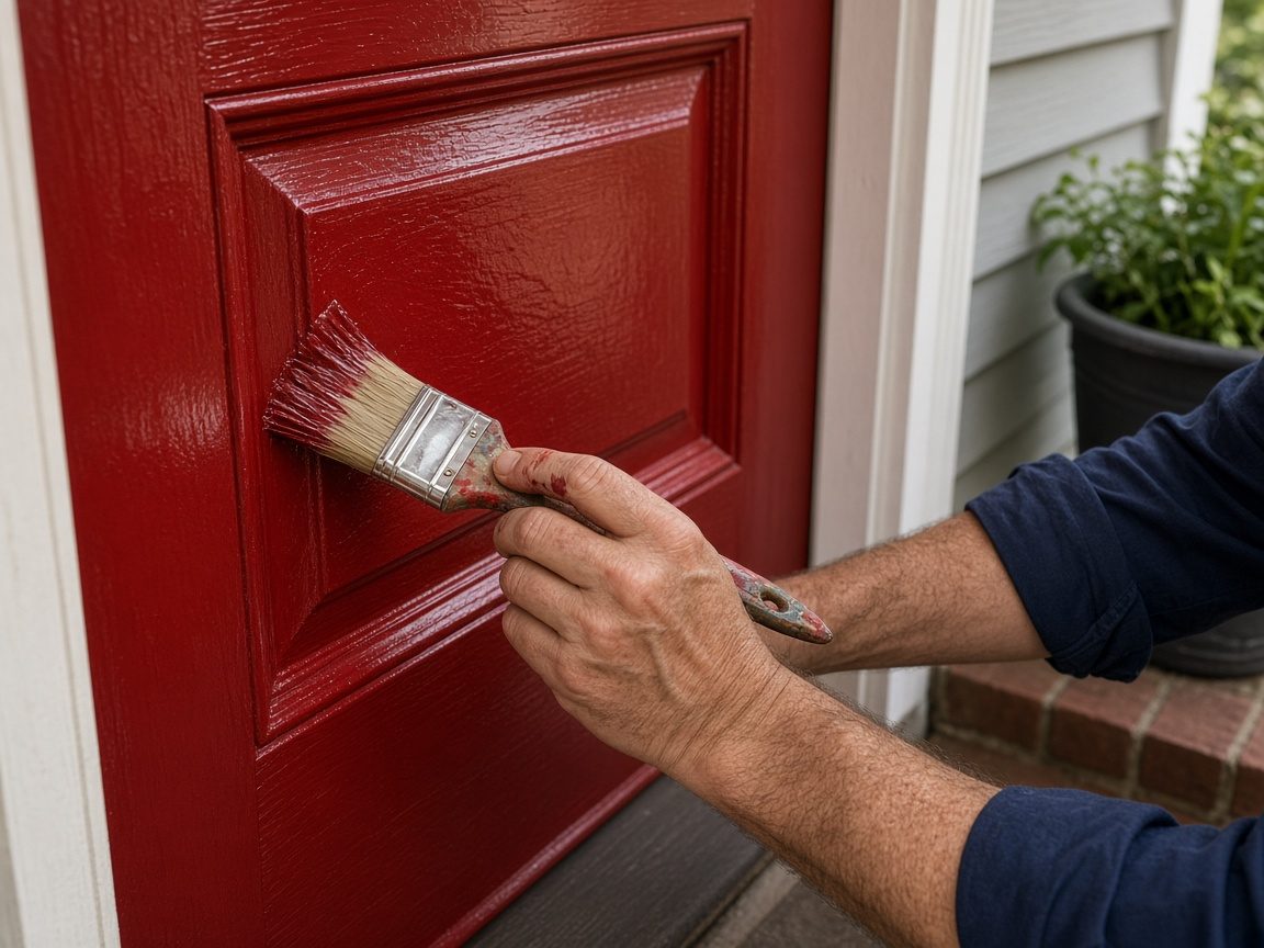 Front door being painted glossy red with a brush