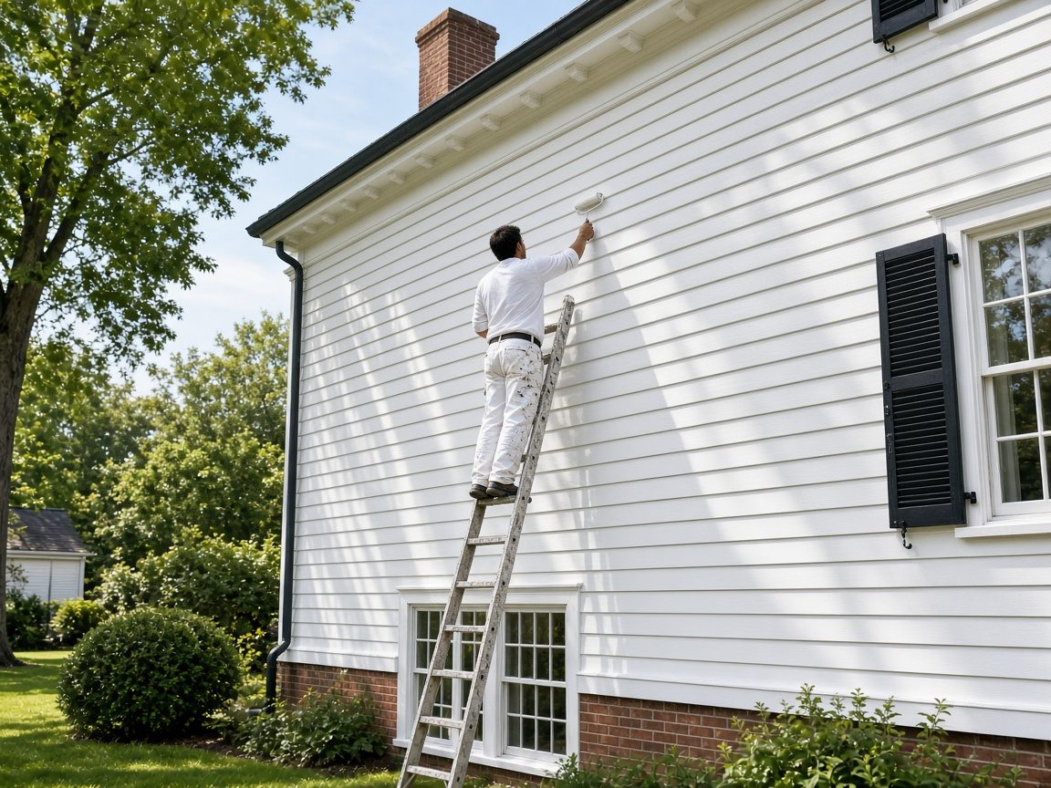 Painter on a ladder painting white siding on a colonial-style home