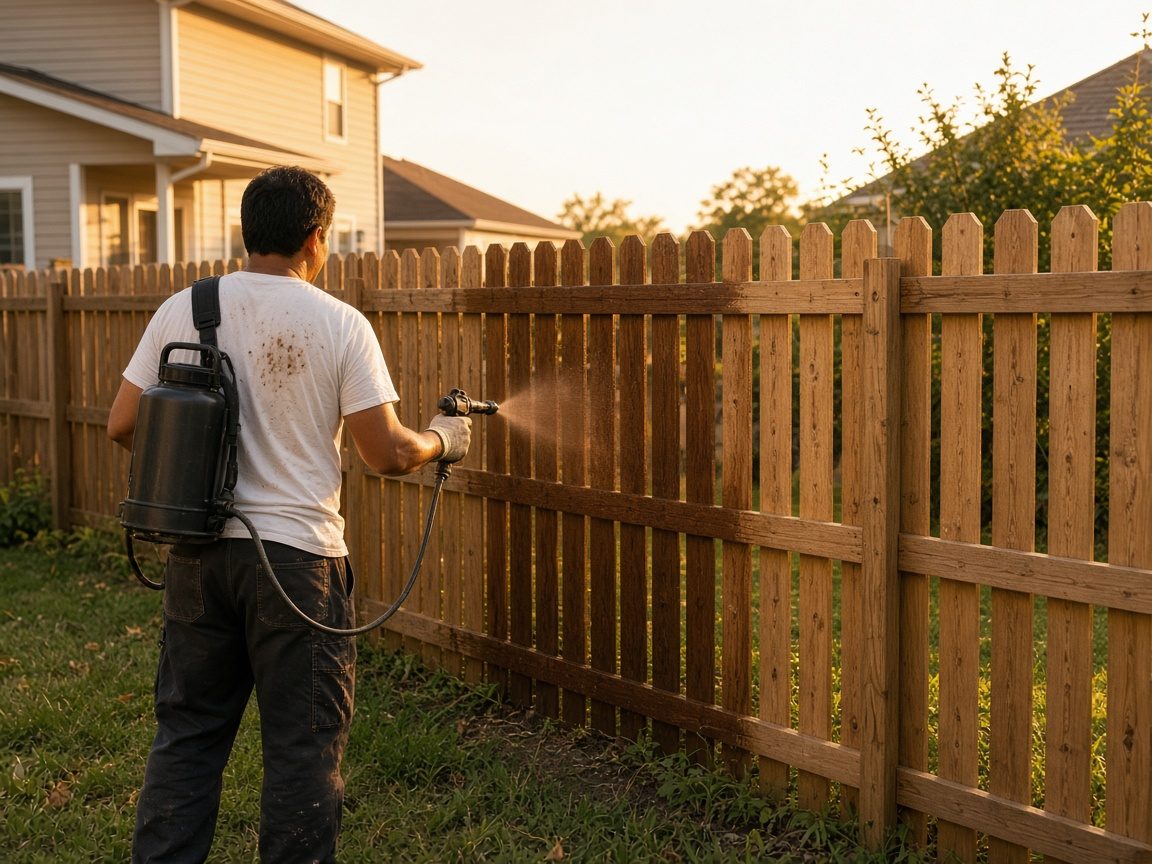Painter spraying stain onto a backyard wooden fence