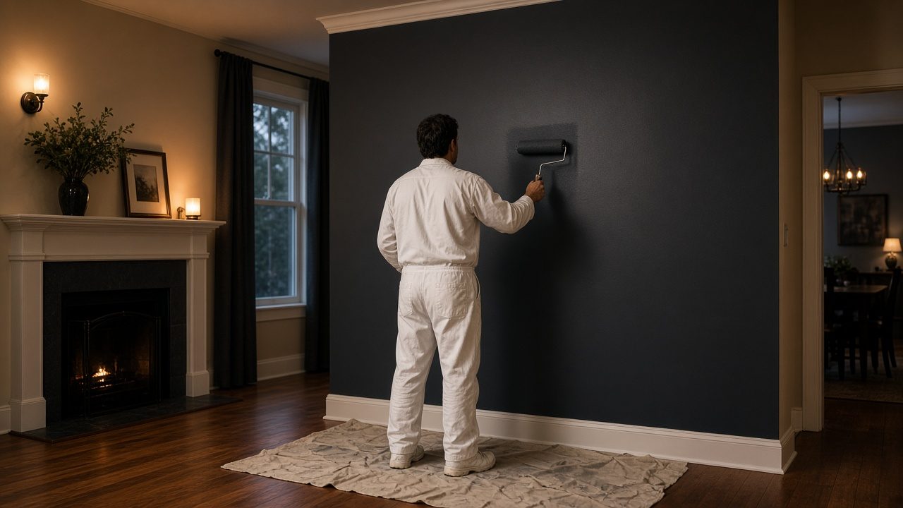Painter seen from behind rolling deep charcoal paint onto a living room wall