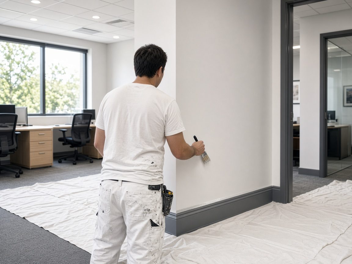 Painter cutting in a wall in an office interior